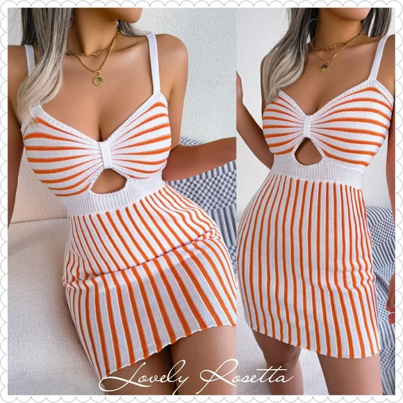 Orange and White Striped Cutout Knit Dress - Picture 8 of 9